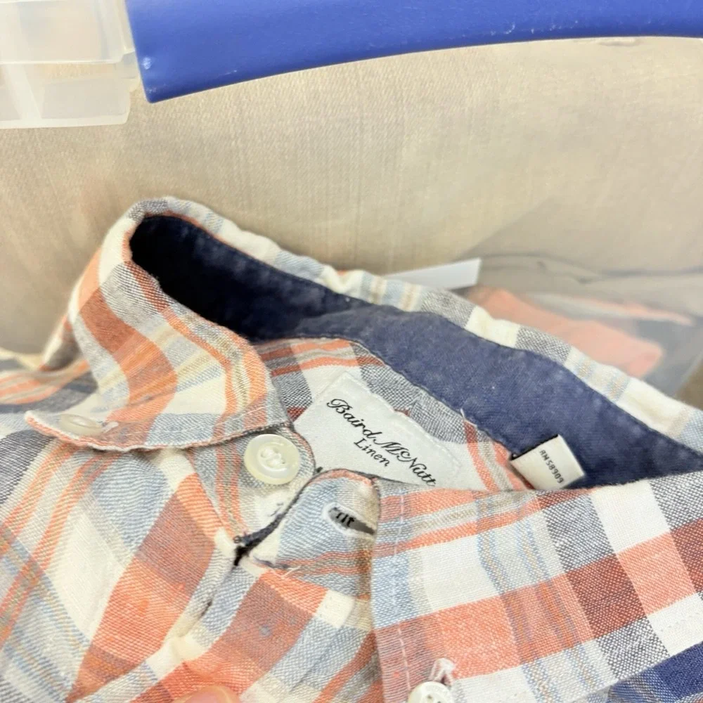 Baird McNutt Mens Linen Shirt Murano Slim Fit Blue Orange Plaid Button Up‎ Large